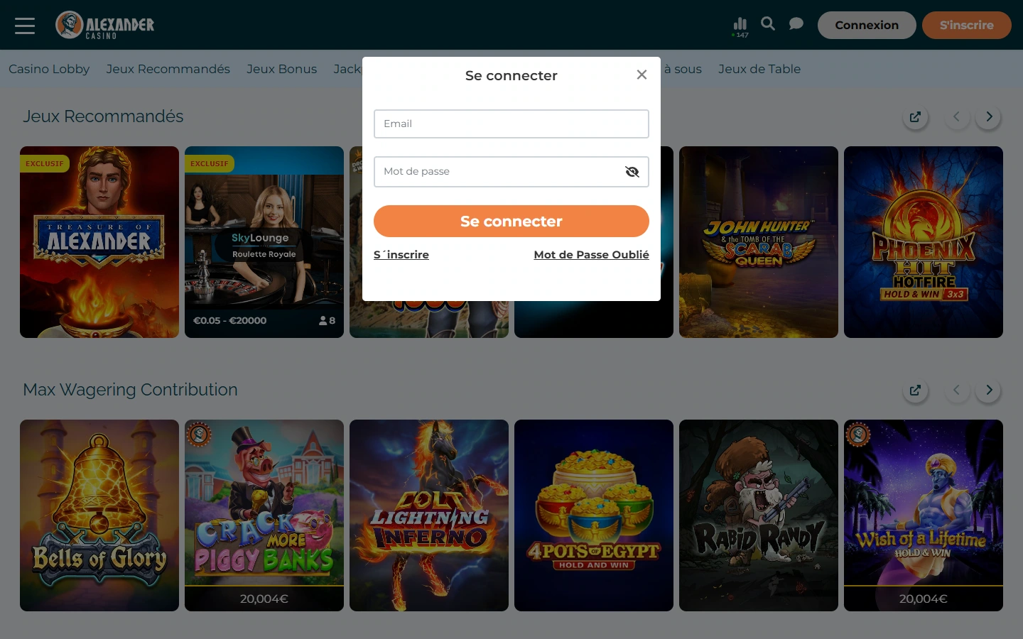 Fenêtre de connexion Alexander Casino en français