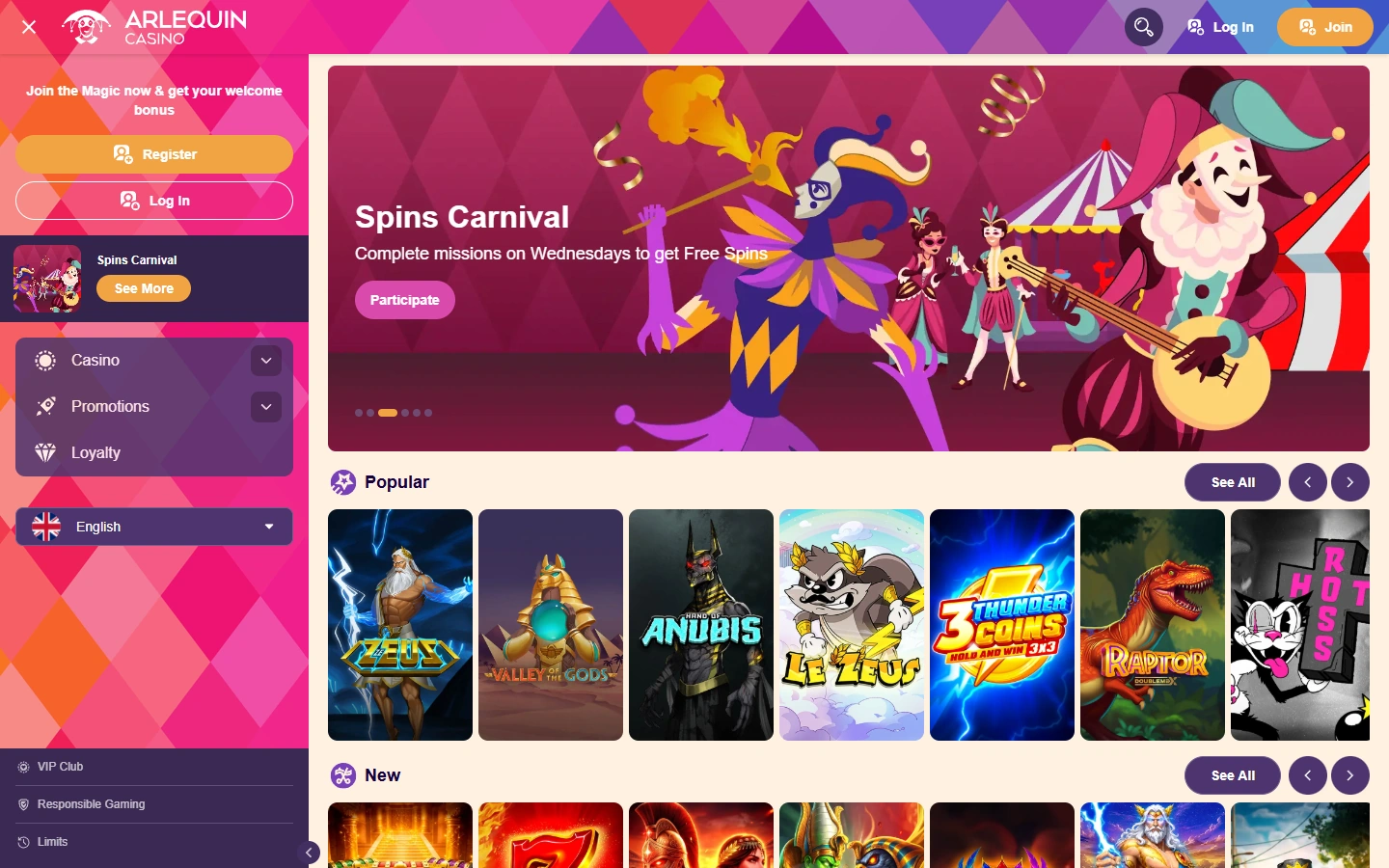 Interface officielle Arlequin Casino en 2026
