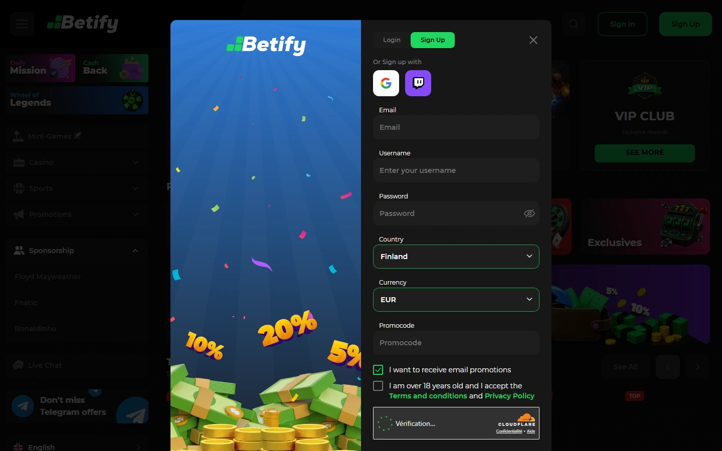 Formulaire d'inscription de Betify