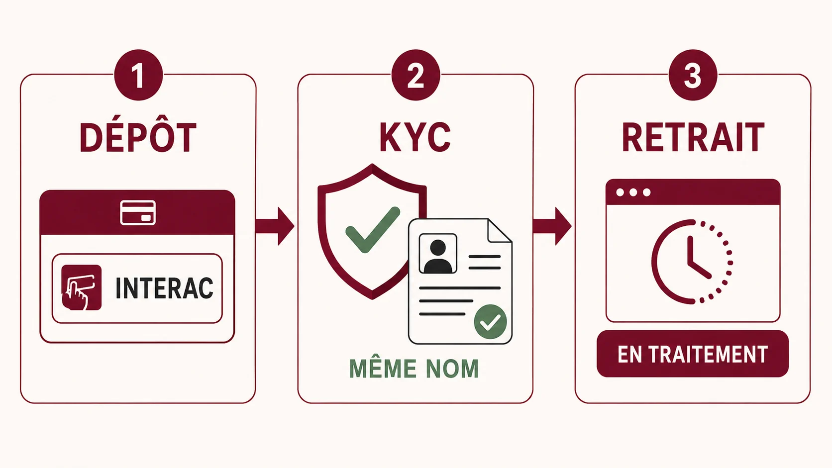 Schéma du parcours de paiement : dépôt Interac, contrôle KYC au même nom et demande de retrait