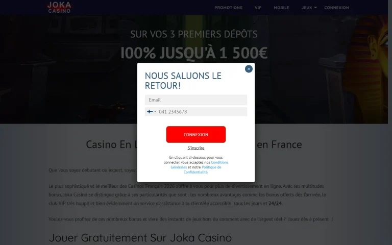 Fenêtre de connexion de Joka Casino