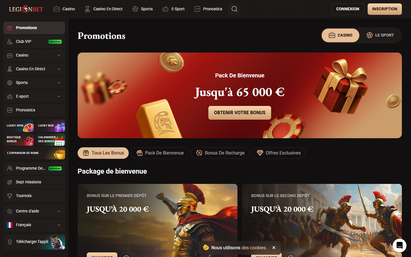 Rubrique des bonus et promotions de LegionBet Casino