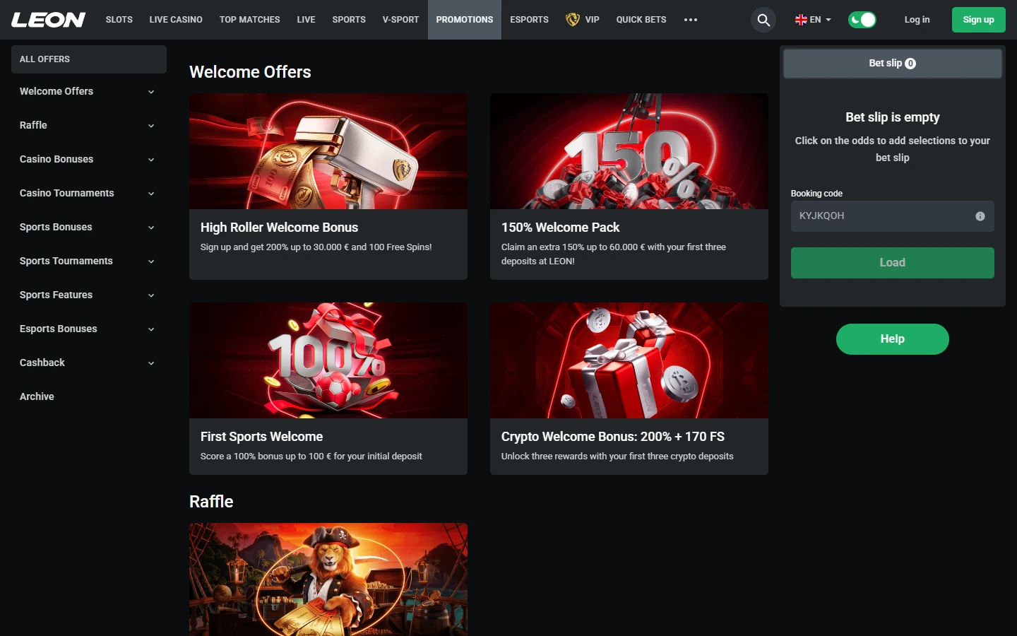 Rubrique des bonus et promotions de Leon Casino