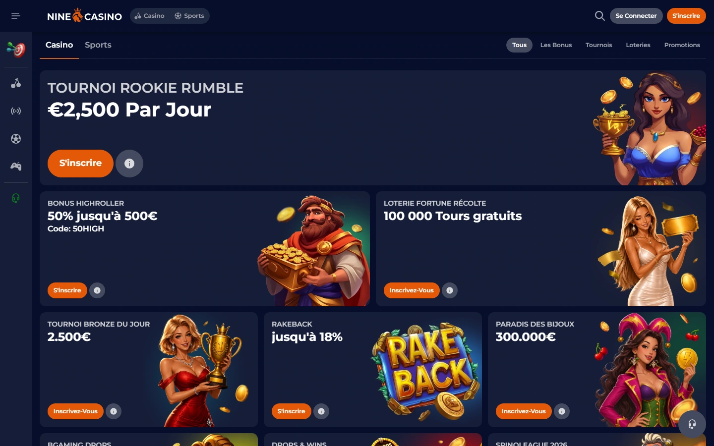 Rubrique des bonus et promotions de Nine Casino