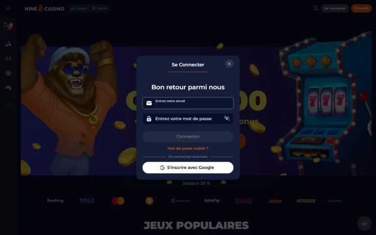 Fenêtre de connexion de Nine Casino