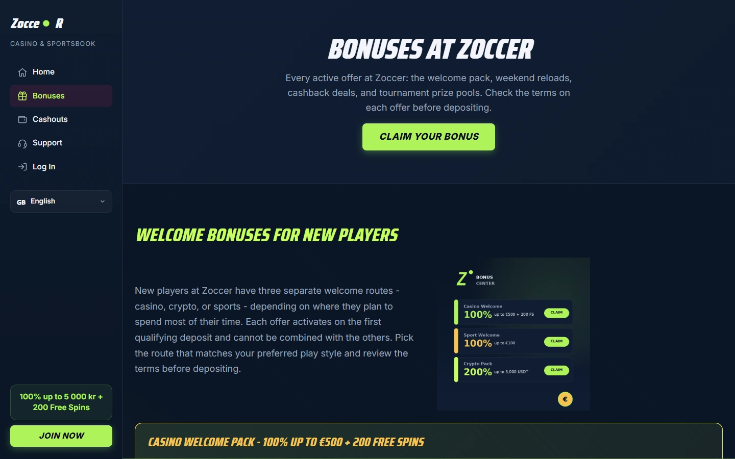 Rubrique des bonus et promotions de Zoccer Casino